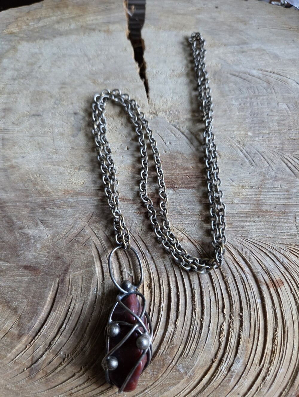Vintage Handcrafted Wire Wrap Stone On Long Chain Necklace